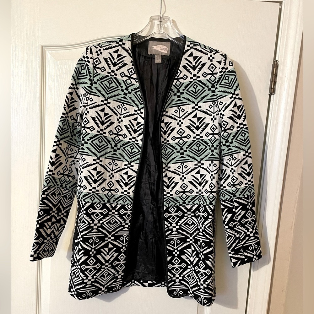 Love 21 Blazer Jacket Black Green Geometric Open Lined Collarless Work Size XS